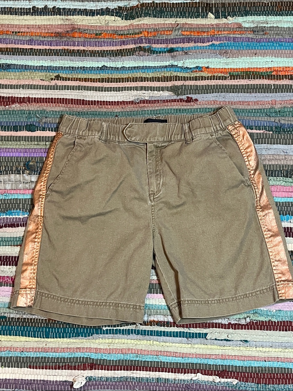J. Crew Olive Khaki Shorts with Metallic Copper Side Stripe